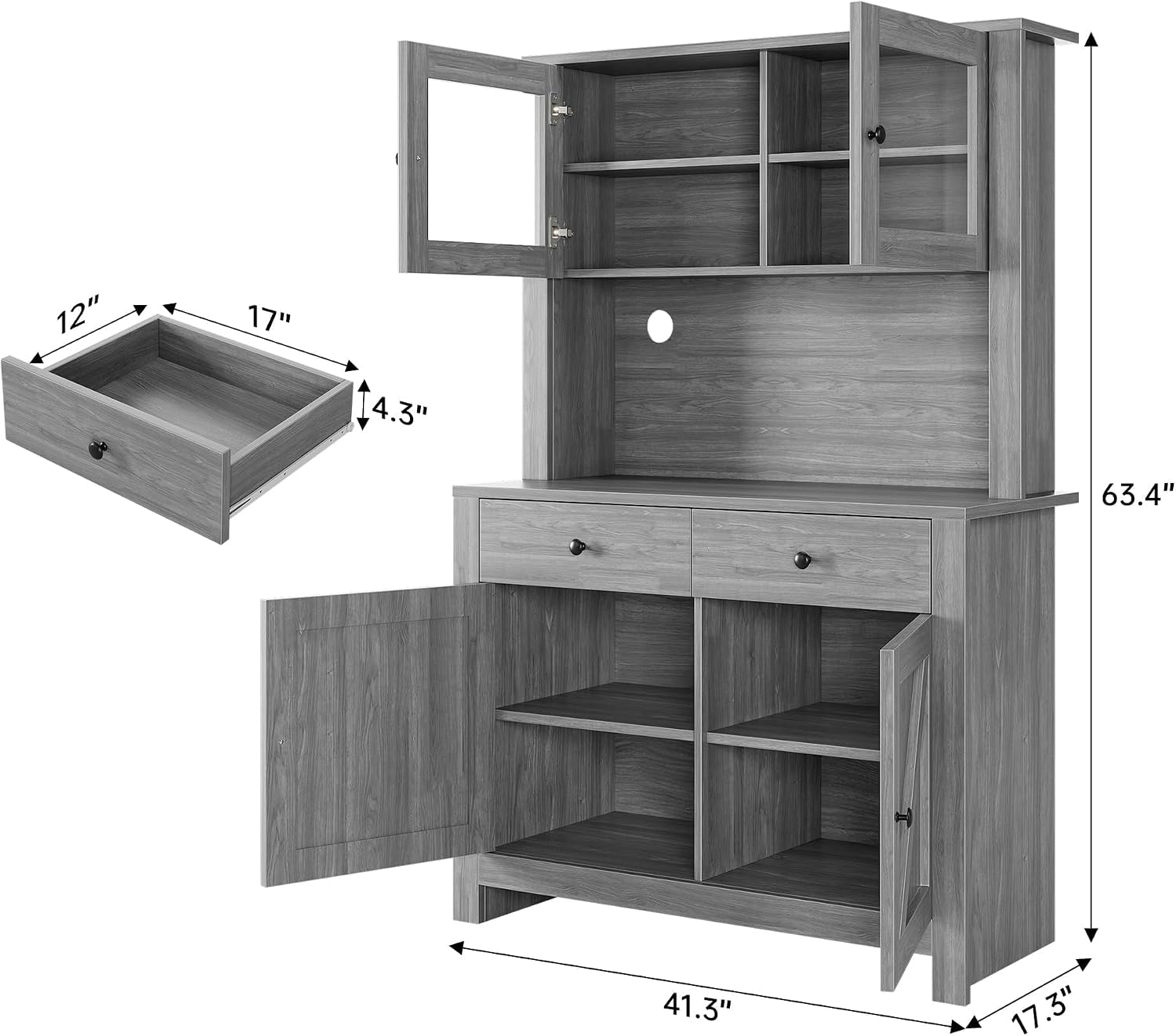 63' Tall Farmhouse Kitchen Pantry Cabinet with Microwave Stand, Freestanding Pantry Hutch Cabinet with Adjustable Shelves, Drawers & Countertop, Buffet Cupboard for Dining & Living Room Storage, Grey