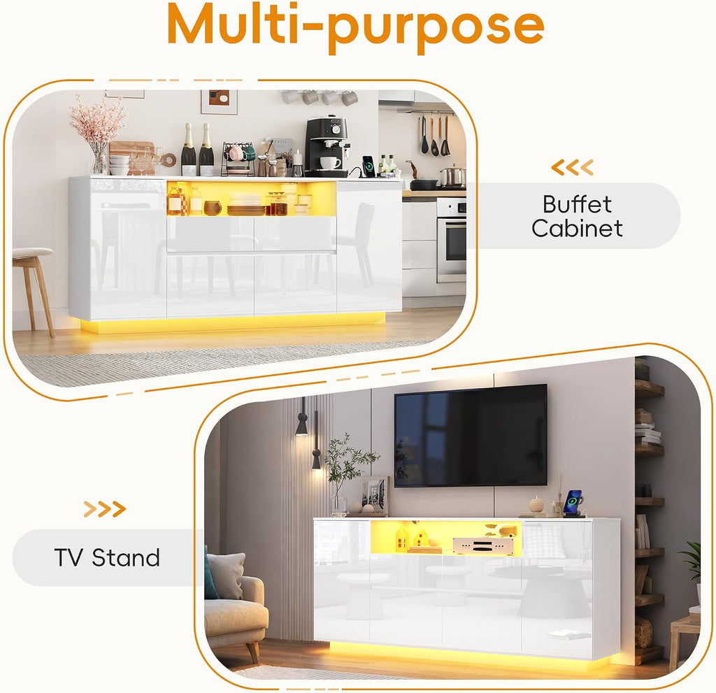 70 Inch Sideboard Buffet Cabinet with Storage, Kitchen Buffet Storage Cabinet with Power Outlets & LED Light, Coffee Bar Console Wine Bar with 2 Drawers & Door Shelves for Living Room, Kitchen, White