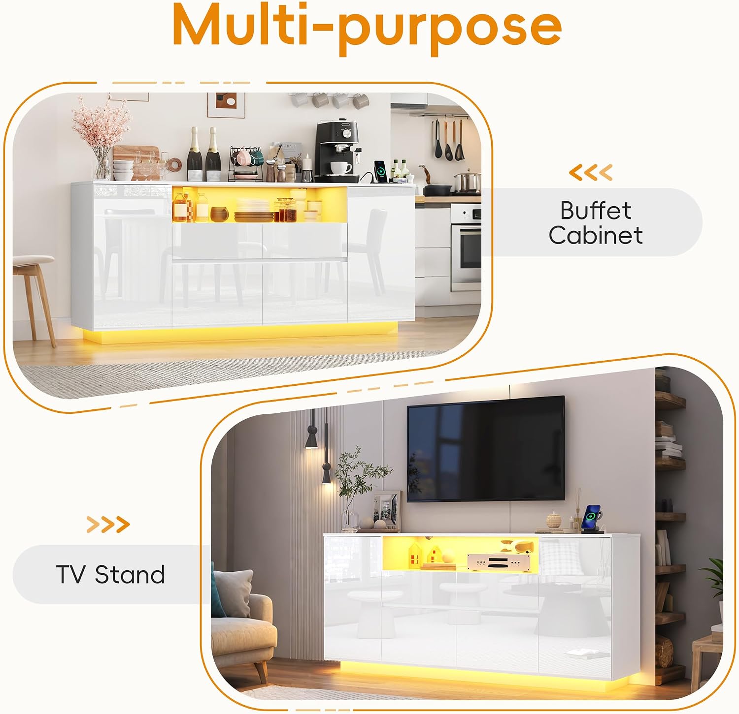 70 Inch Sideboard Buffet Cabinet with Storage, Kitchen Buffet Storage Cabinet with Power Outlets & LED Light, Coffee Bar Console Wine Bar with 2 Drawers & Door Shelves for Living Room, Kitchen, White