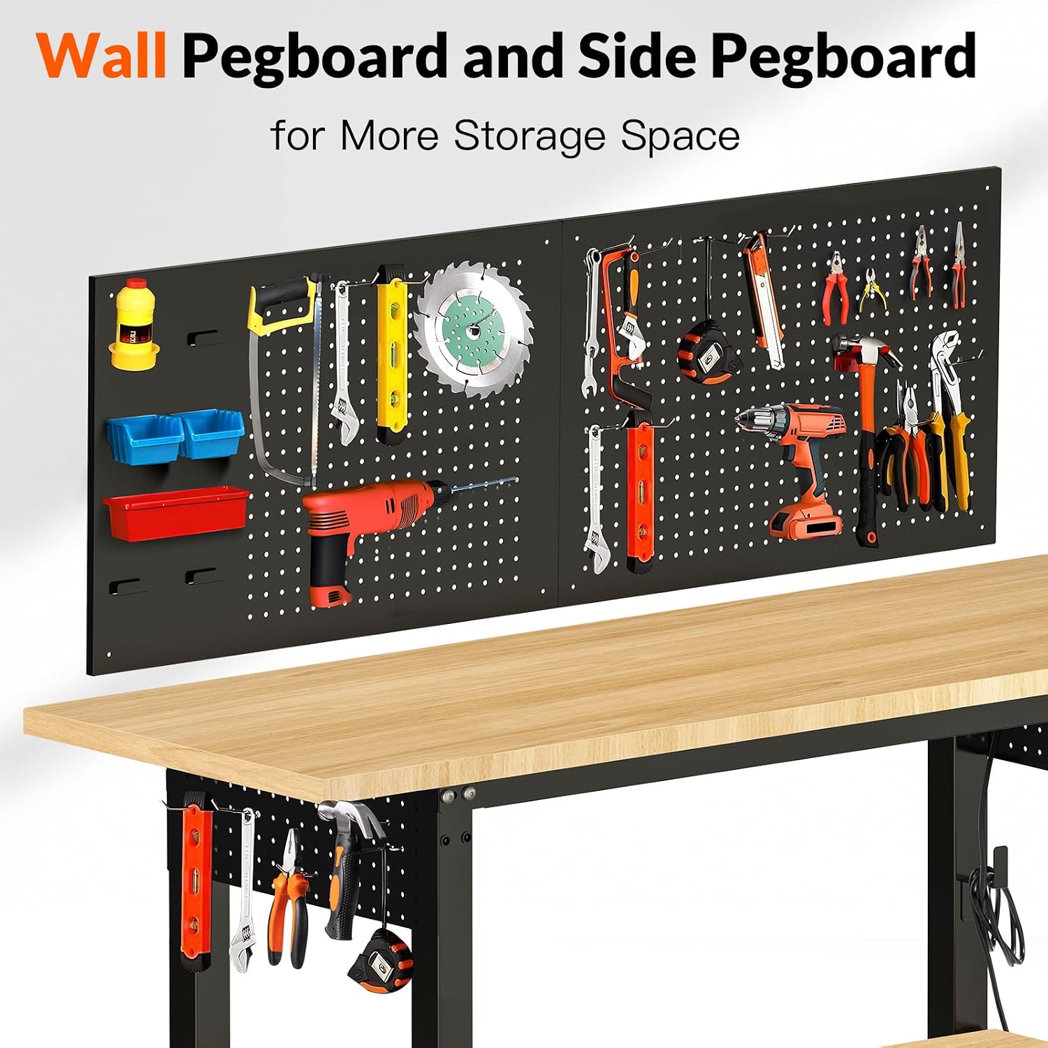 60' Adjustable Height Workbench Work Bench for Garage Work Table with Under Table Shelf Heavy Duty Rubber Wood Top for Shop Woodworking, Office, Home, Commercial