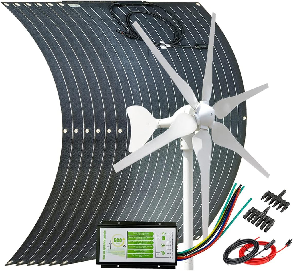600W ETFE Flexible Monocrystalline Solar Panel for RV Boat Green House + 400W 12V Wind Turbine Generator + Hybrid Controller + Solar Extension Cable + Connector - 1000W Wind Solar System Kit