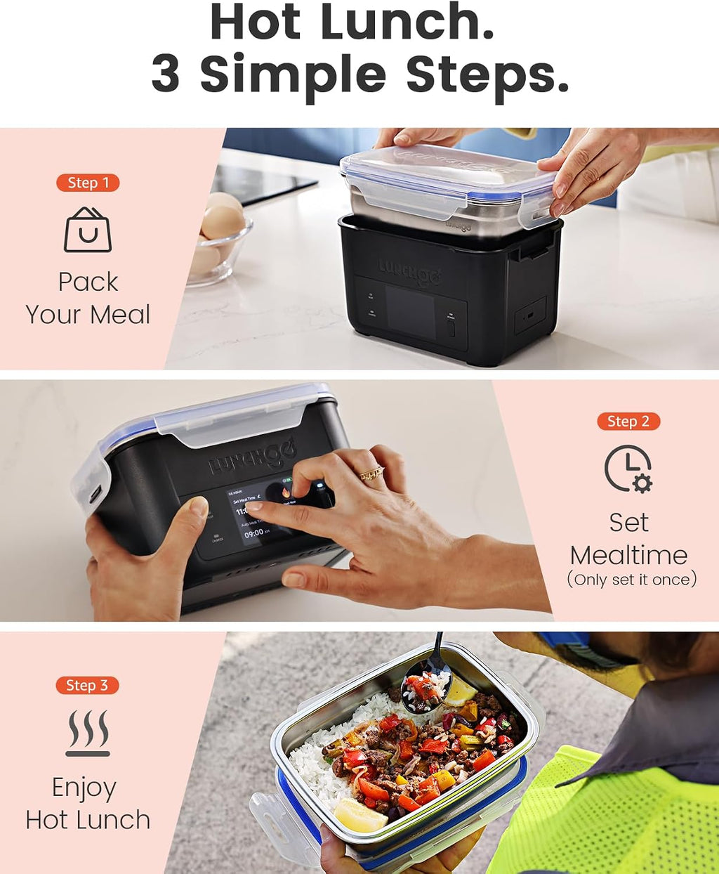 LUNCHGO® G1-Long Range(103 Wh), Smart Electric Heated Lunch Box Food Warmer – Cordless, 5 Cups, Battery Powered, 250°F Max, Scheduled Heating, Perfect for Outdoor Work, On-The-Go Meals (Carbon Black)