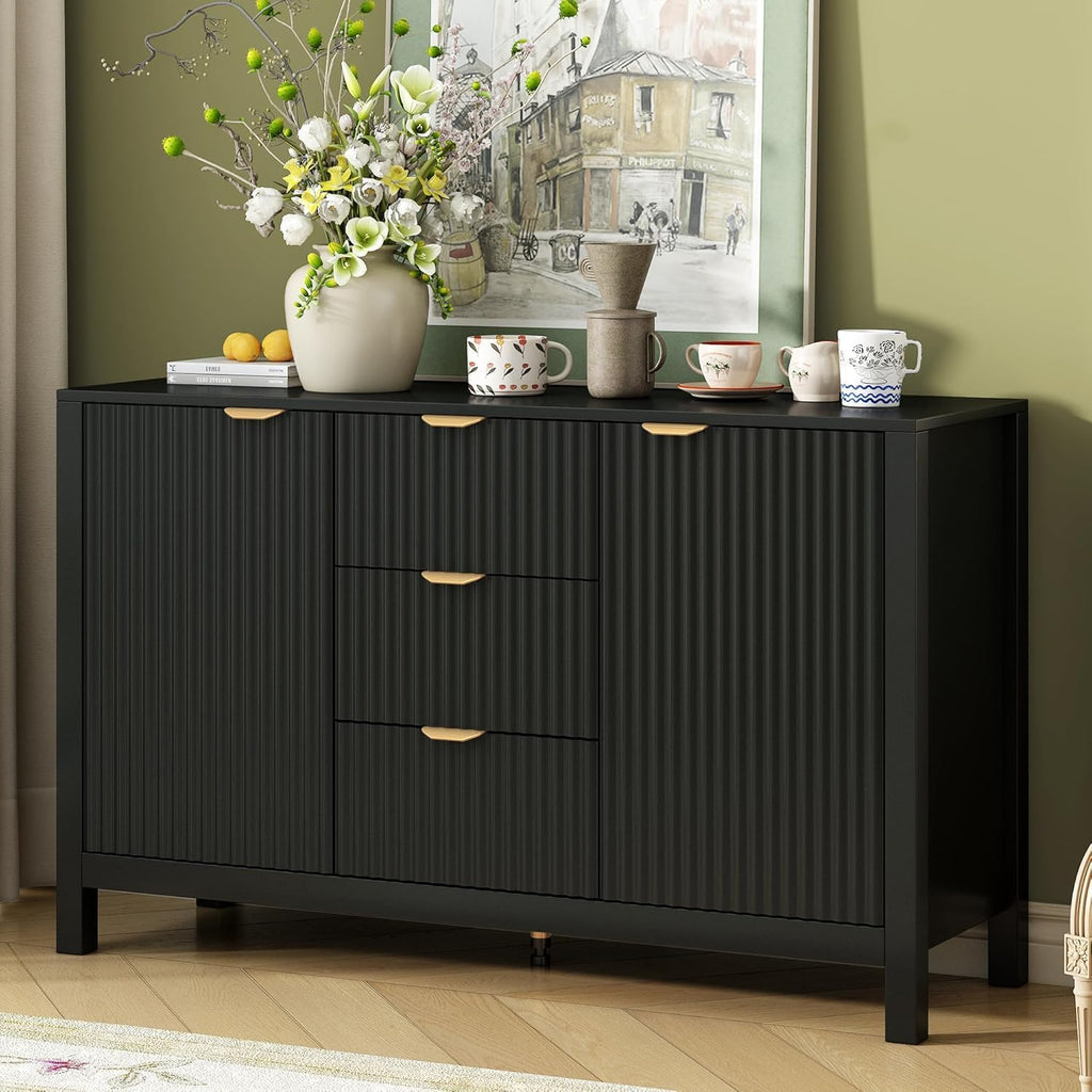 Virubi 47' Fluted Sideboard Buffet Cabinet with Storage Drawers,Doors,Adjustable Shelves and Gold Handles, Wood Modern Sideboard Accent Cabinet for Living Room,Hallway,Entryway (Black)