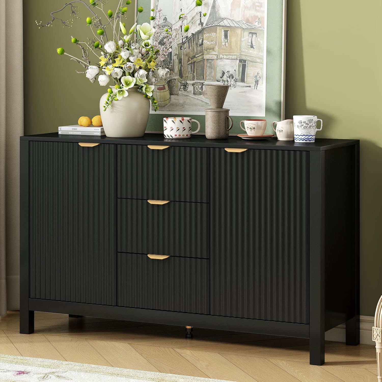 Virubi 47' Fluted Sideboard Buffet Cabinet with Storage Drawers,Doors,Adjustable Shelves and Gold Handles, Wood Modern Sideboard Accent Cabinet for Living Room,Hallway,Entryway (Black)