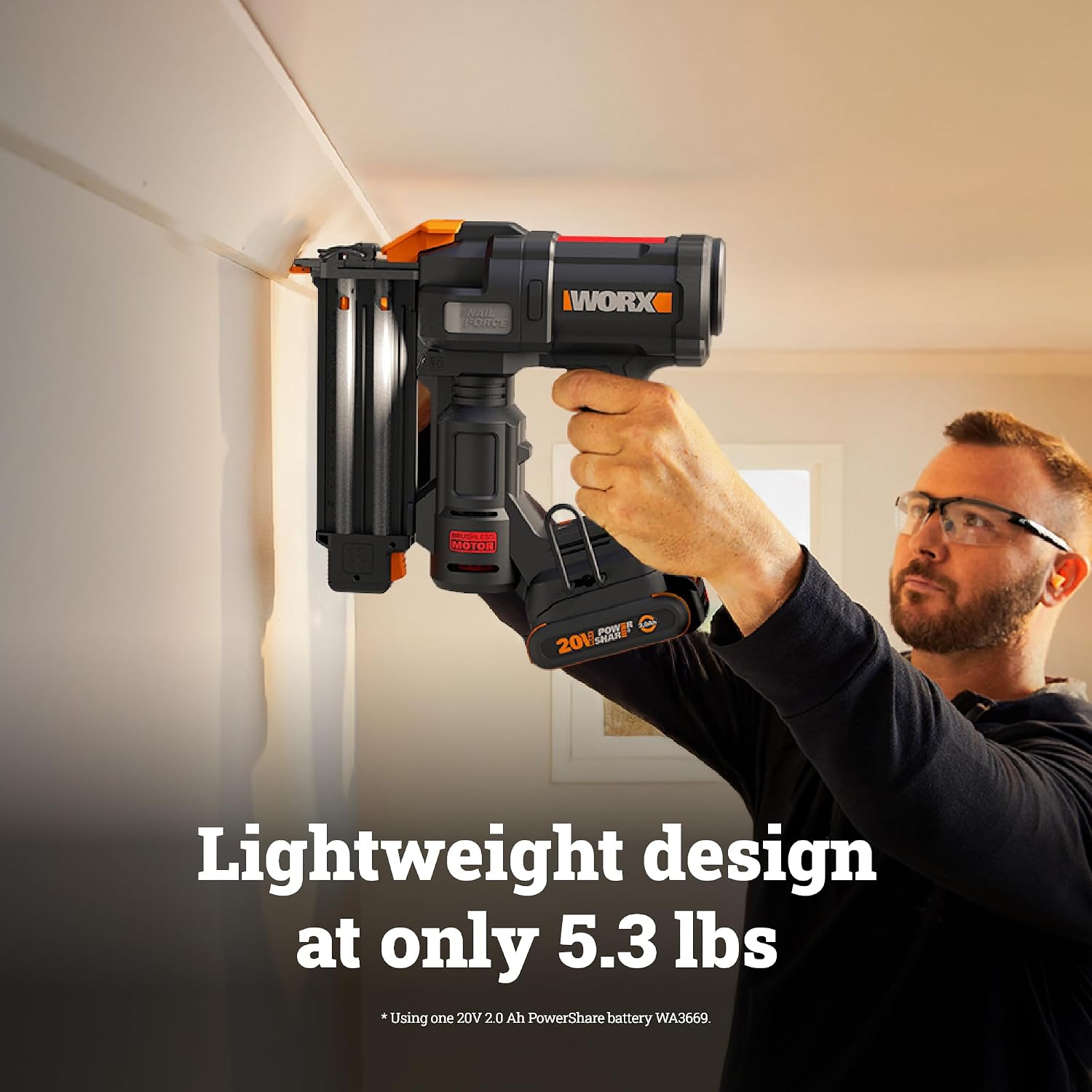 WORX Brad Nailer Cordless, 20V 18 ga Brushless Nail Gun Cordless, High Driving Power, Up to 2-⅛' into Hardwood, Narrow Nose, 3 LEDs, 3000 Nails & 20V 2.0 Ah Battery and Charger Included, PowerShare