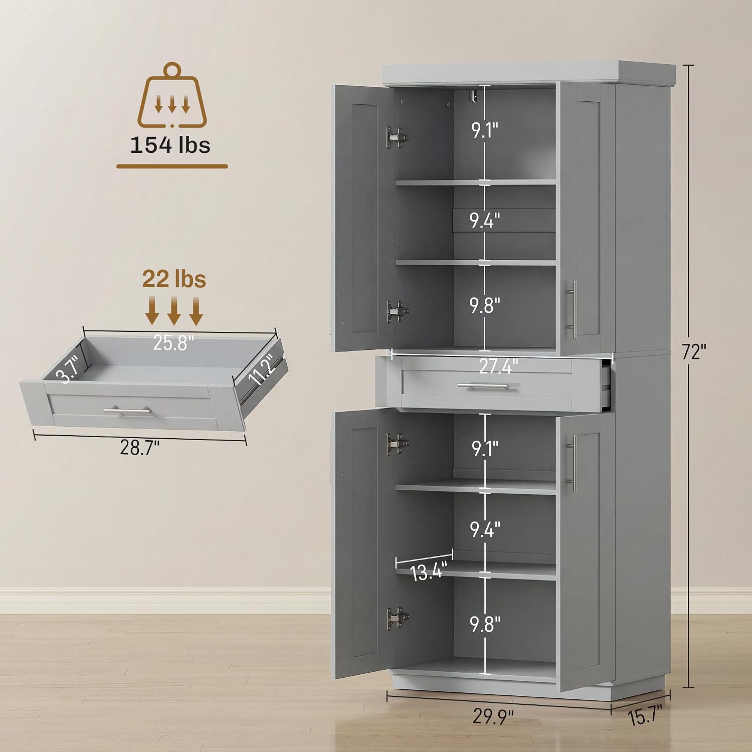 HOMCOM 72' Kitchen Pantry Cabinet, Freestanding Tall Storage Cabinet with 4 Doors, Drawer and 3 Adjustable Shelves for Dining Room, Gray