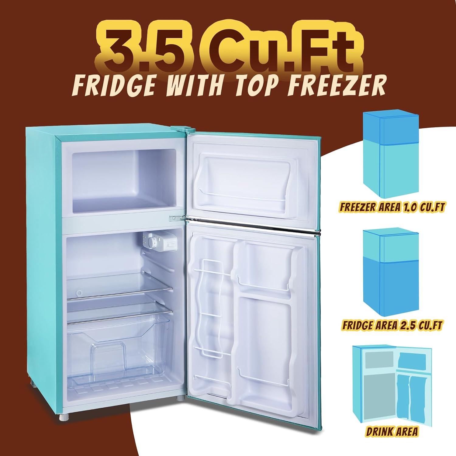 Small Fridge with Freezer Mini Refrigerator Double door Removable Glass Shelves 7 Temp Gear Detachable Handle Blue