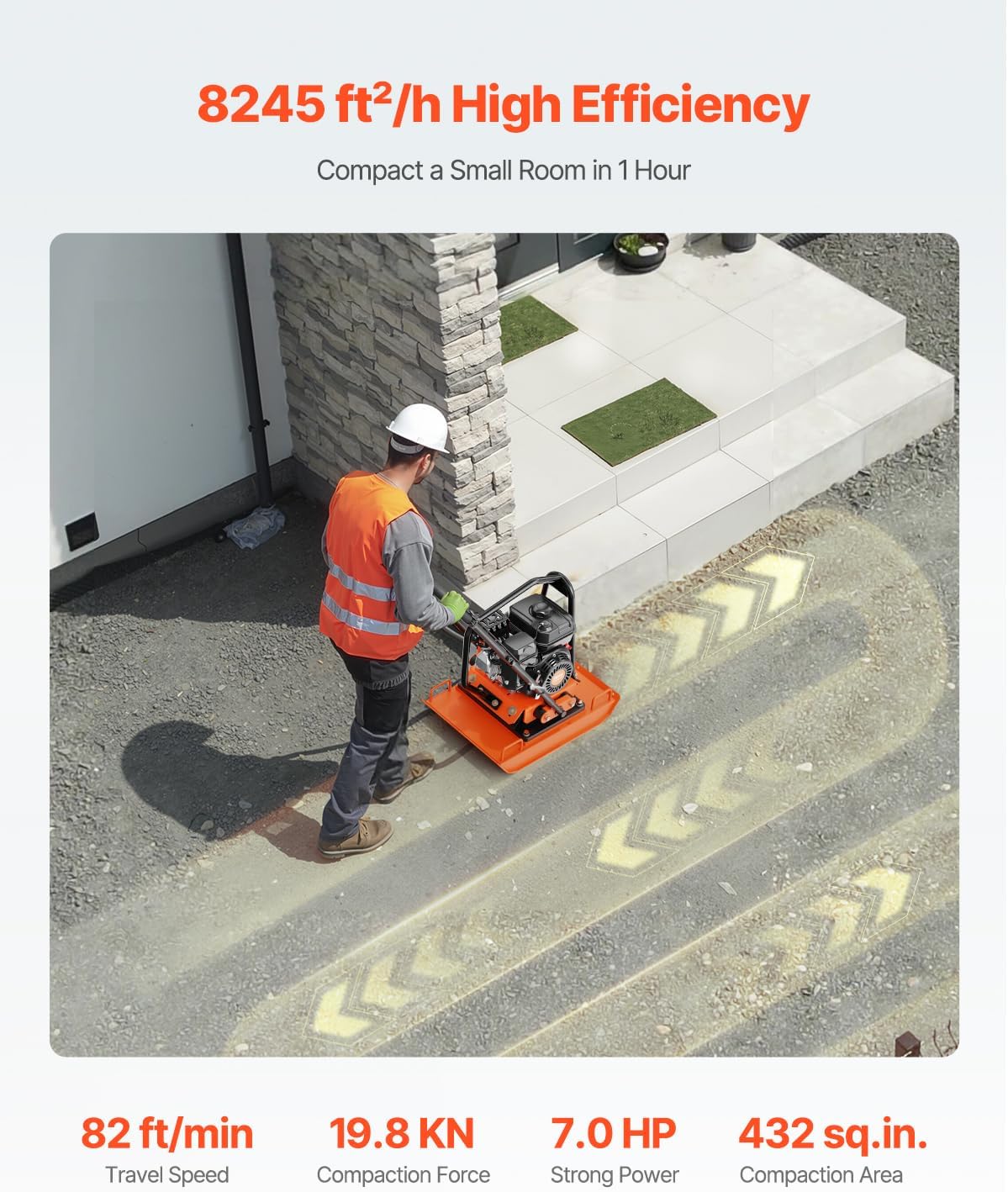 VEVOR Plate Compactor, 7.0 HP Gas Engine, 4451.22 lbf Vibration Compaction Force, 432 sq. in Plate, 5400 RPM Power Tamper, Ground Compactor Rammer for Dirt, Gravel, Asphalt, Foundation, EPA Compliant