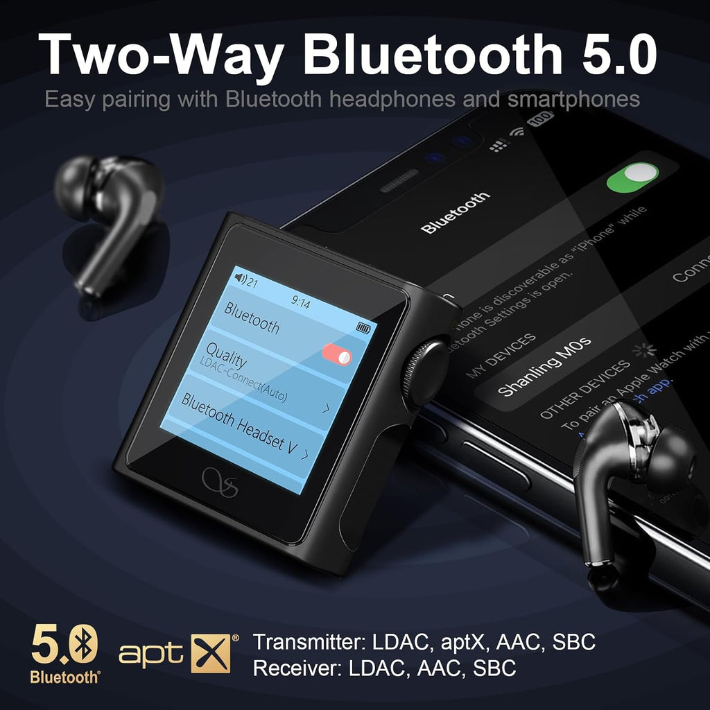 SHANLING M0s MP3 Player Hi-Fi Lossless Sound Music Player with Bluetooth Portable Digital Audio Player with 32GB MicroSD Card 1.54' HD Touch Lasts 10 Hours Bluetooth5.0 3.5mm/Type-C Jack