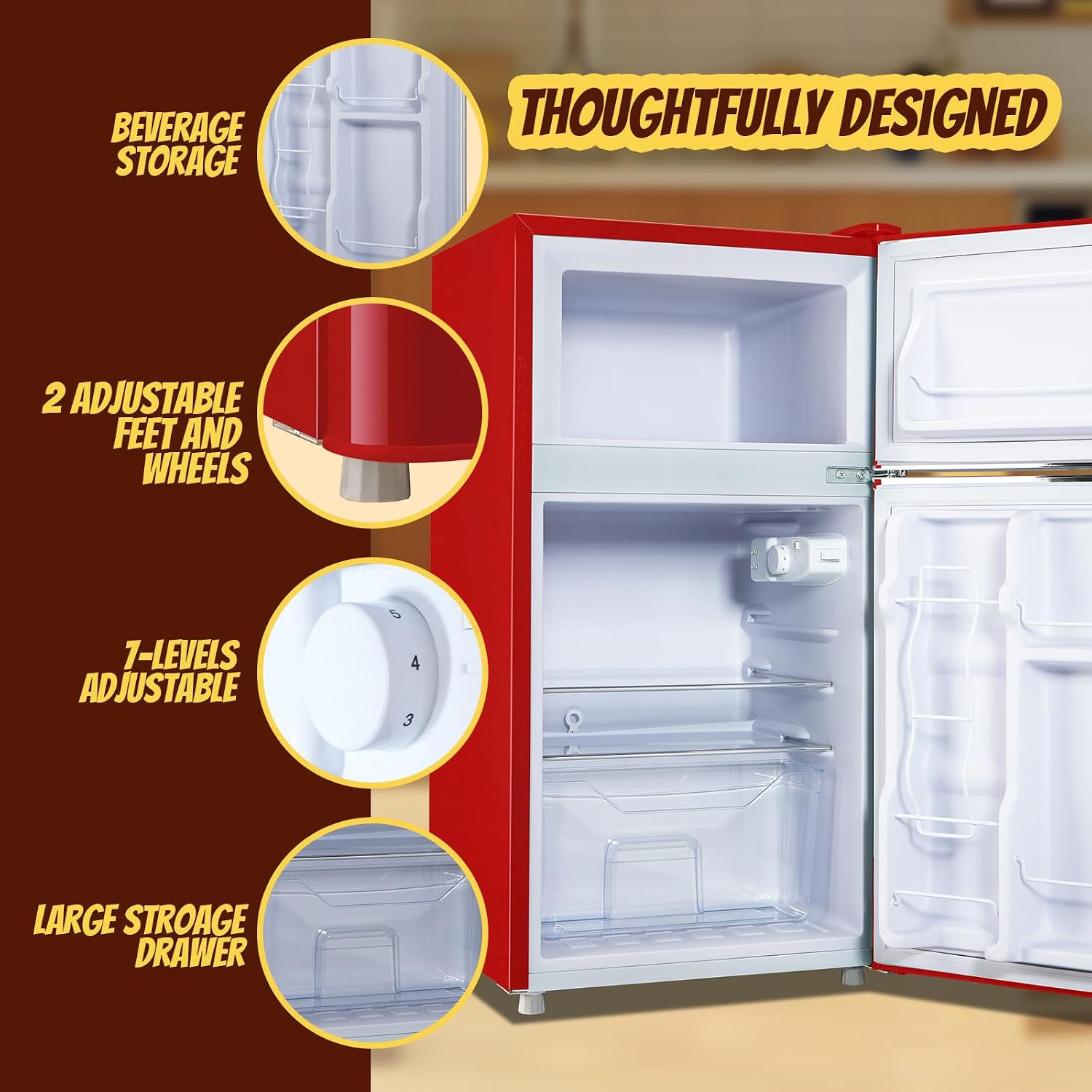 Small Fridge with Freezer Mini Refrigerator Double door Removable Glass Shelves 7 Temp Gear Detachable Handle Red