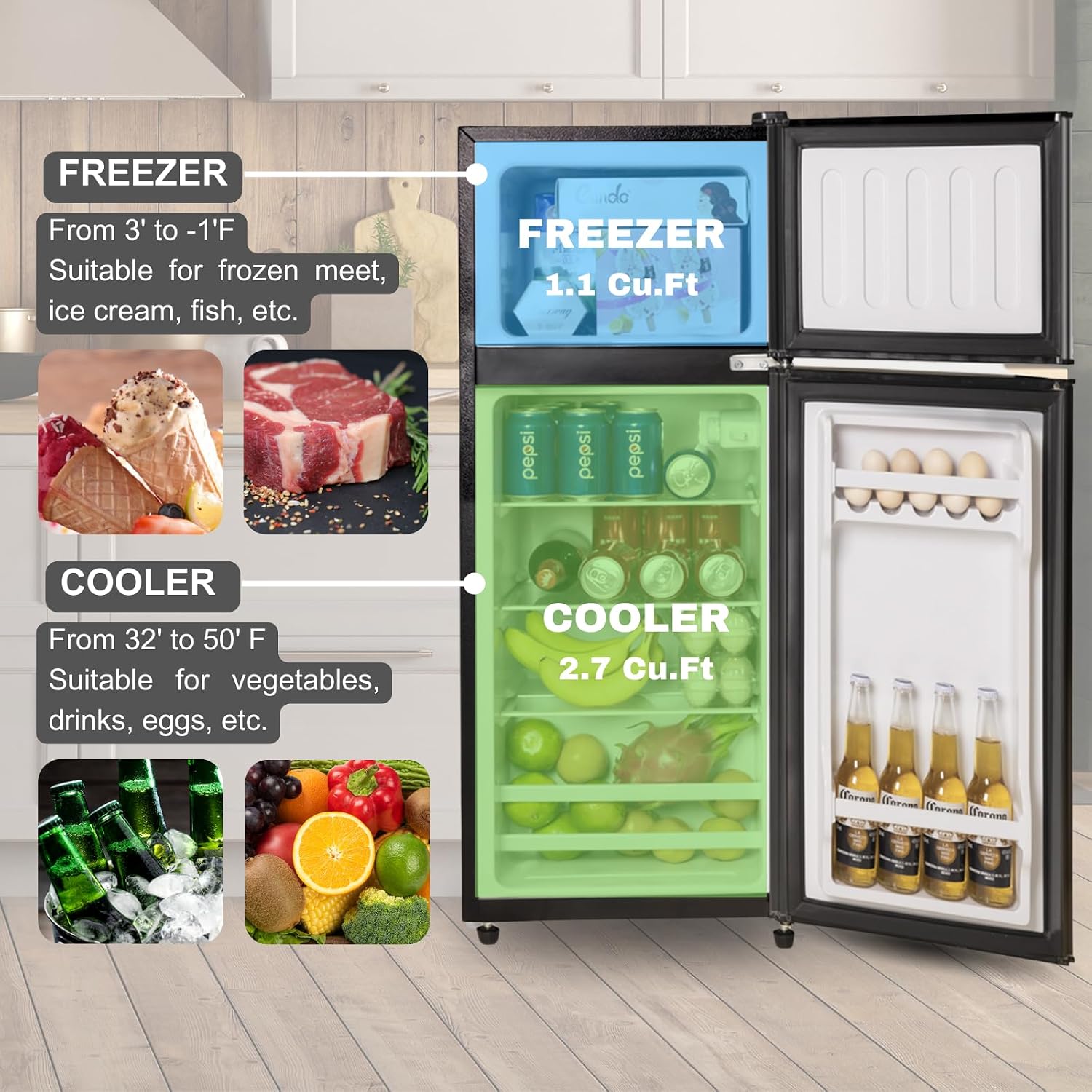 Refrigerator with Freezer, 3.8 Cu Ft 2 Door Fridge for Bedroom, Kitchen, Dorm, Apartment, Garage, Office