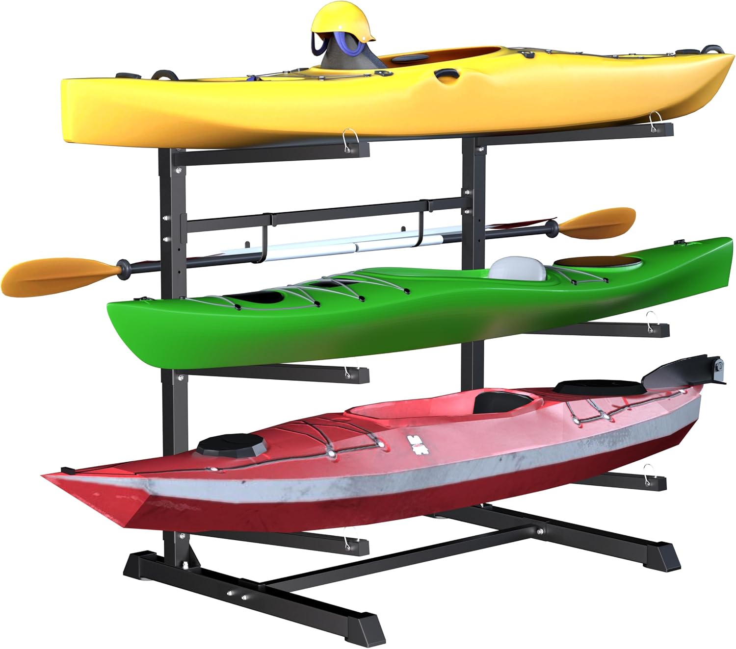 TRUSOON Outdoor Freestanding Kayak Rack, Heavy Duty Kayak Stand for 3 Kayaks, Canoe, Surfboard, Paddle Board Storage, Hold up to 600lbs, Black