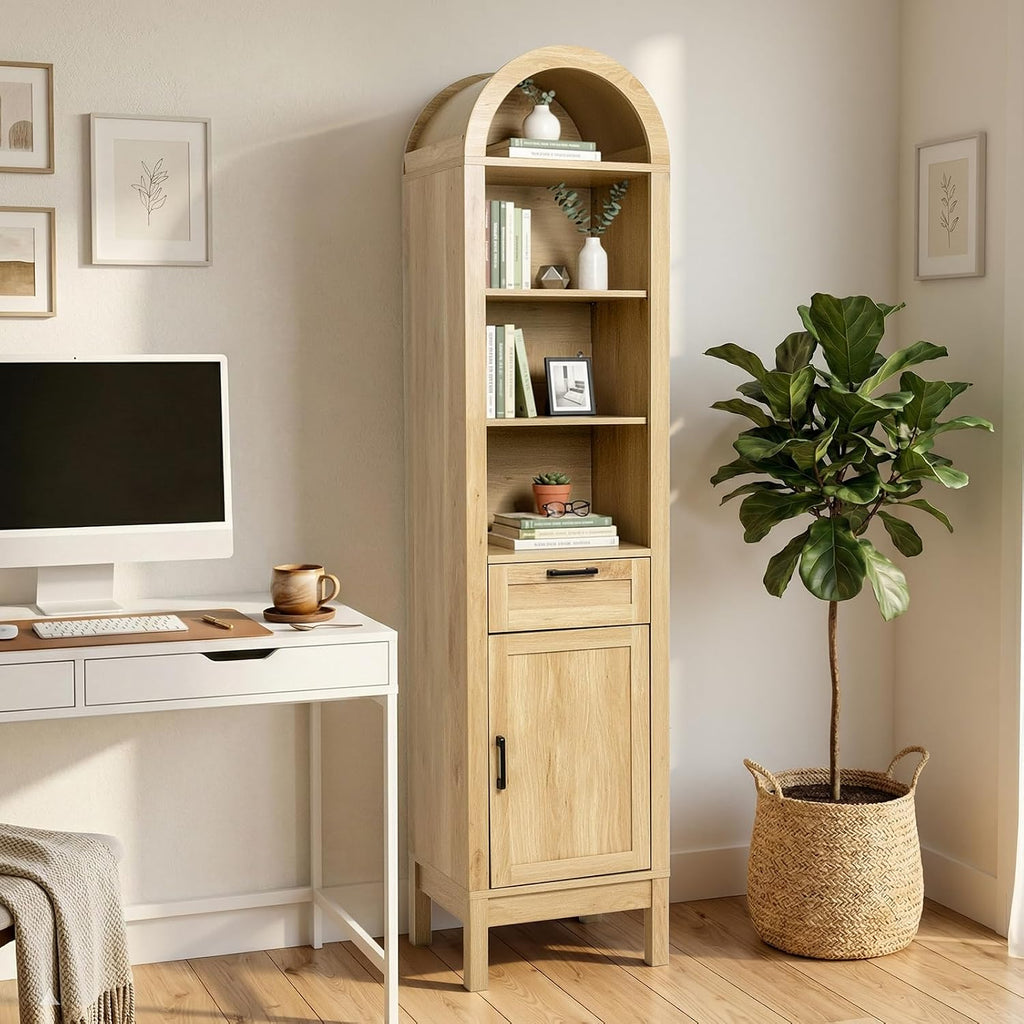 Narrow 71' Tall Wood Cabinet with Adjustable Shelves | Arched Storage Cabinet, 1 Door & 1 Drawer, Moisture-Resistant, Anti-Tipping, Sleek, Sturdy, Cam Lock, Space-Saving,