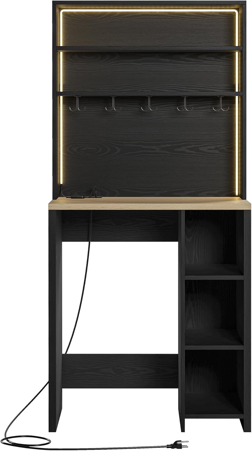 IRONCK Bakers Rack with Mini Fridge Space & Power Outlets, 69.3' Coffee Bar Station with LED Lights, 7-Tier Kitchen Microwave Stand with Hooks & Wooden Backboard, Space-Saving Utility Organizer, Black