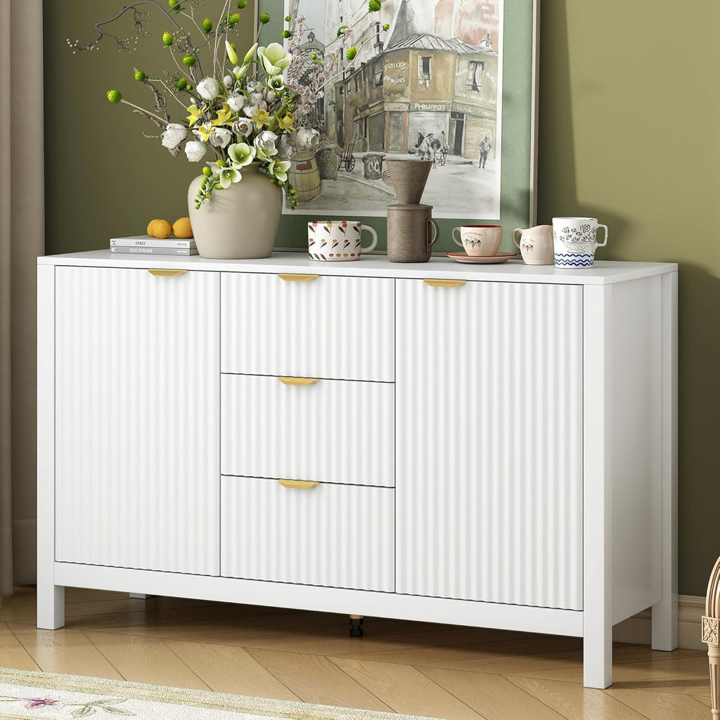 Virubi 47' Fluted Sideboard Buffet Cabinet with Storage Drawers,Doors,Adjustable Shelves and Gold Handles, Wood Modern Sideboard Accent Cabinet for Living Room,Hallway,Entryway (White)