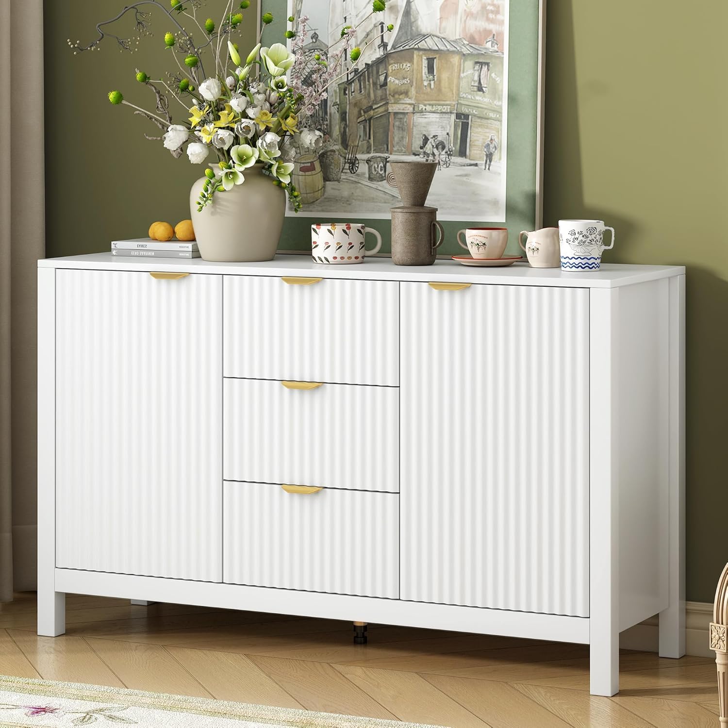 Virubi 47' Fluted Sideboard Buffet Cabinet with Storage Drawers,Doors,Adjustable Shelves and Gold Handles, Wood Modern Sideboard Accent Cabinet for Living Room,Hallway,Entryway (White)