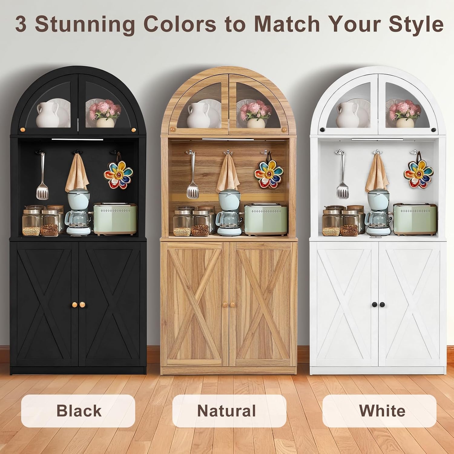 71' Farmhouse Arched Buffet Cupboard with Adjustable Shelves & Glass Door | Sturdy Engineered Wood, Acrylic Glass, Durable, Moisture-Resistant, Easy Assembly, for Dining Room, Bathroom, Living Room