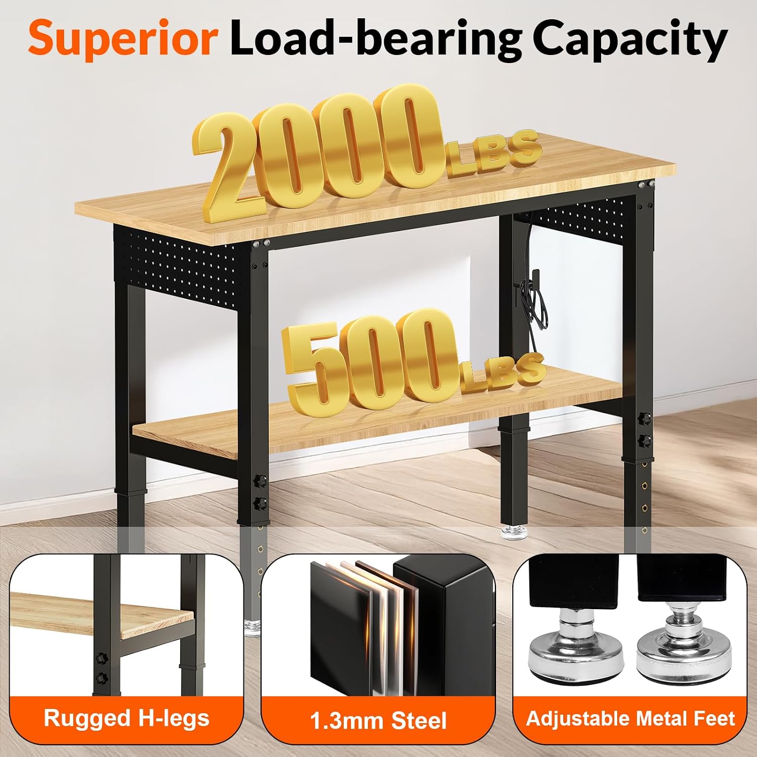 48×24 Adjustable Height Work Bench Heavy Duty Workbench for Garage with Under Table Shelf Rubber Wood Work Table with Pegboard for Shop Woodworking, Office, Home, Commercial
