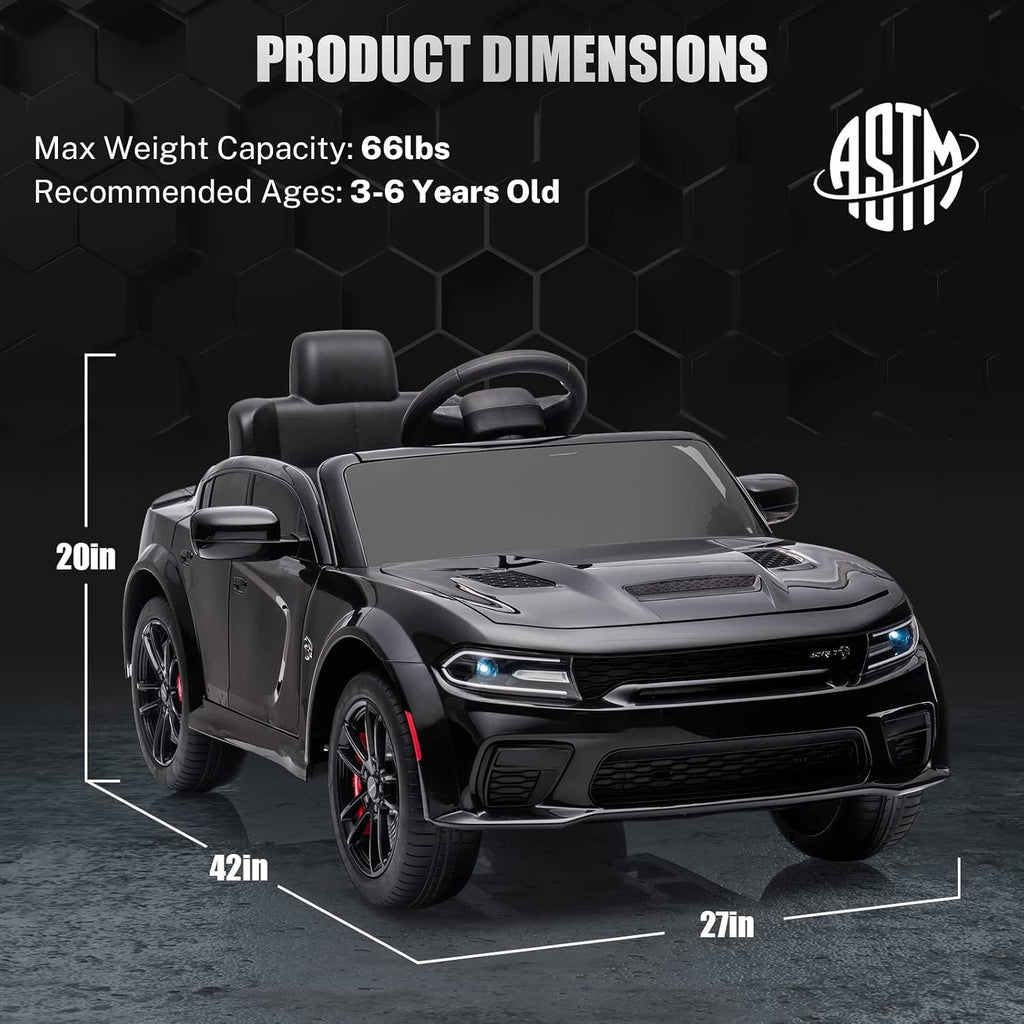 ENYOPRO 12V Electric Car for Toddlers & Kids, Licensed Dodge Charger SRT Hellcat Ride On Car, 7Ah Battery Powered Electric Vehicle w/Remote Control, Bluetooth, Music, 3 Speeds, LED Lights (Black)