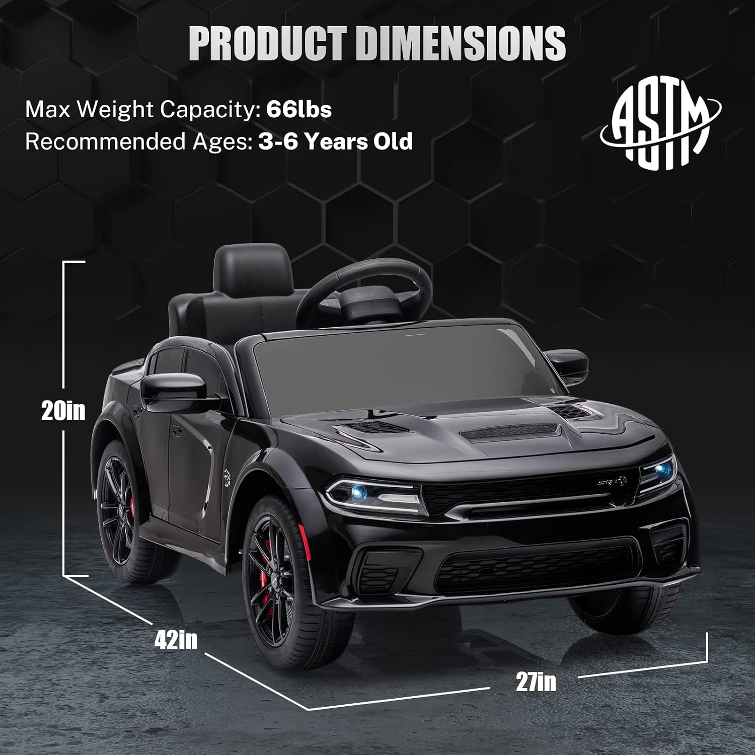ENYOPRO 12V Electric Car for Toddlers & Kids, Licensed Dodge Charger SRT Hellcat Ride On Car, 7Ah Battery Powered Electric Vehicle w/Remote Control, Bluetooth, Music, 3 Speeds, LED Lights (Black)