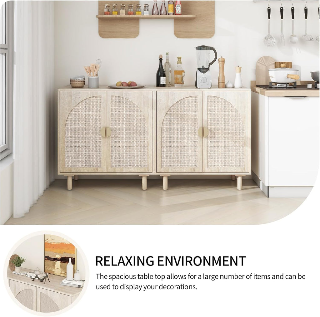 vistavie Rattan Buffet 2 Door Cabinet with Storage, Sideboard Storage Cabinet with Solid Pine Legs, Accent Wood Cabinet for Living Room, Dining Room, Kitchen (Natural, Set 2)