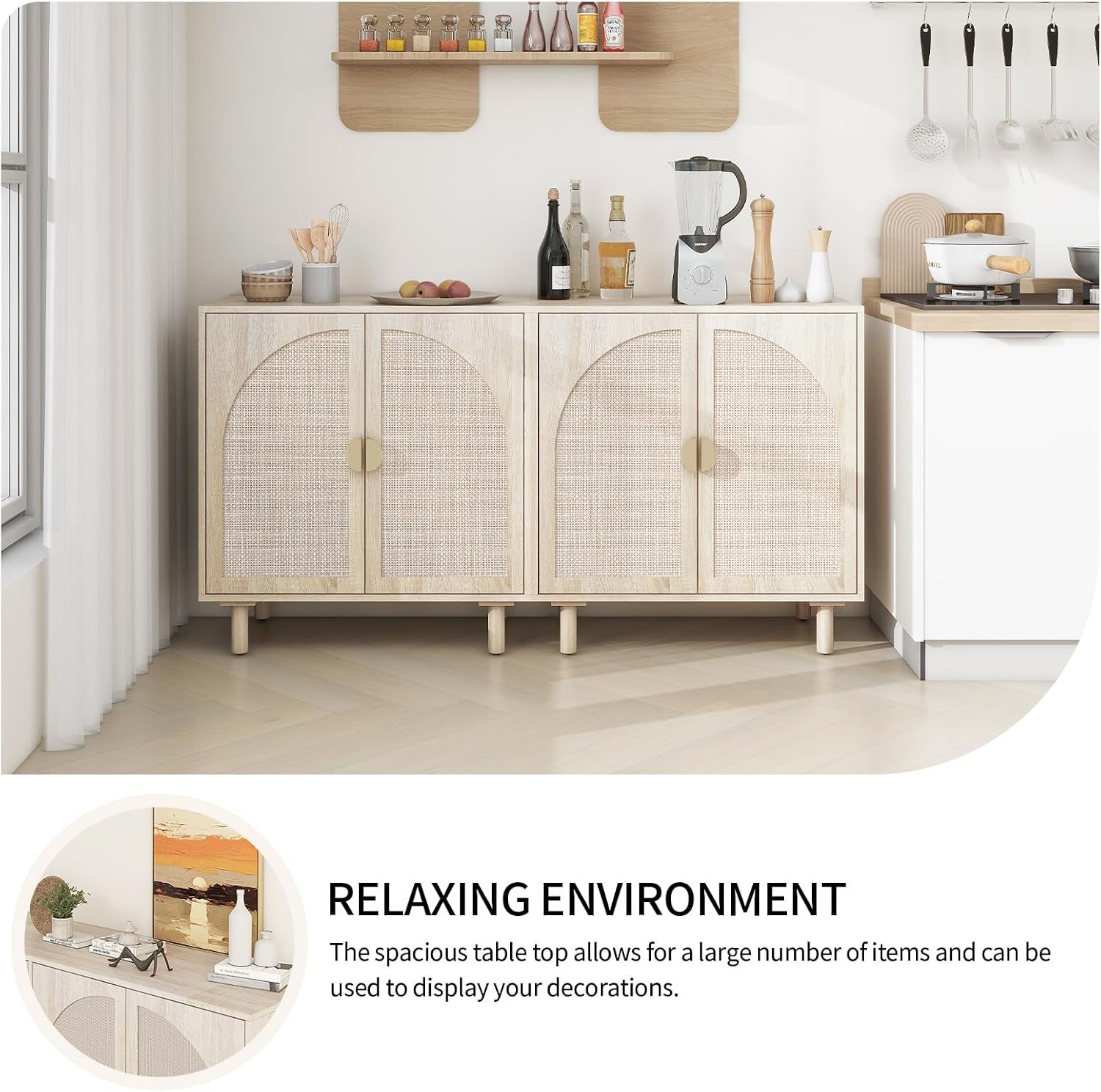vistavie Rattan Buffet 2 Door Cabinet with Storage, Sideboard Storage Cabinet with Solid Pine Legs, Accent Wood Cabinet for Living Room, Dining Room, Kitchen (Natural, Set 2)