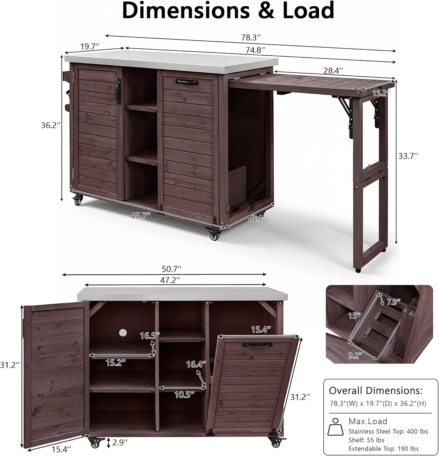 LUMISOL Outdoor Kitchen Island with Foldable Grill Table, Movable Prep Table with Stainless Steel Top, Rolling Kitchen Cart with Trash Can Storage, Outdoor Grill Cart for Parties, Dark Brown