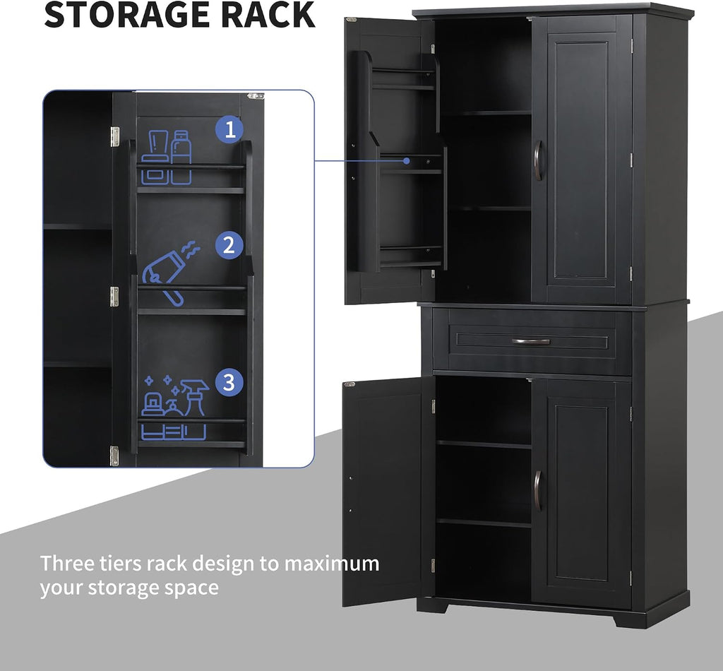 Storage Cabinet with 4 Doors and Drawers, 72.2' H Kitchen Cabinet with 6 Door Shelves, Kitchen Storage Cabinets with Adjustable Shelves for Living Room, Black