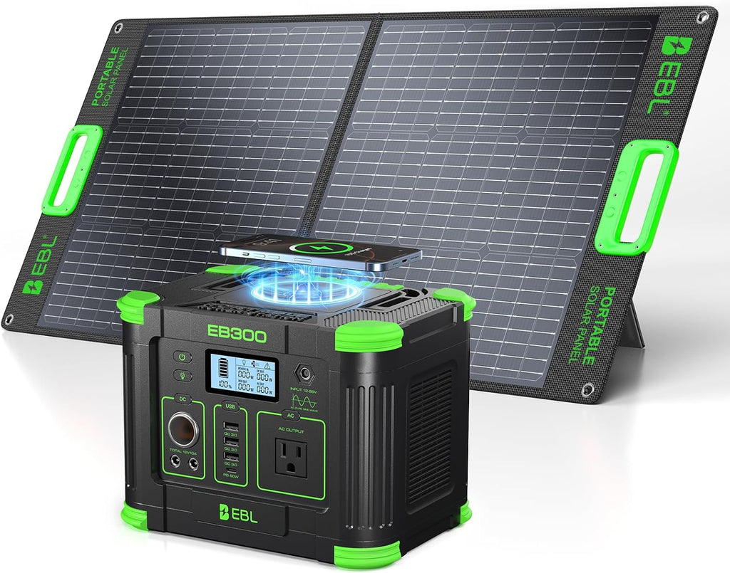 EBL 300W Portable Power Station with 100W Portable Solar Panel, 288.6Wh USB-C PD60W 300W Pure Sine Wave Solar Generator, Foldable Solar Panel for Camping, Emergency Backup