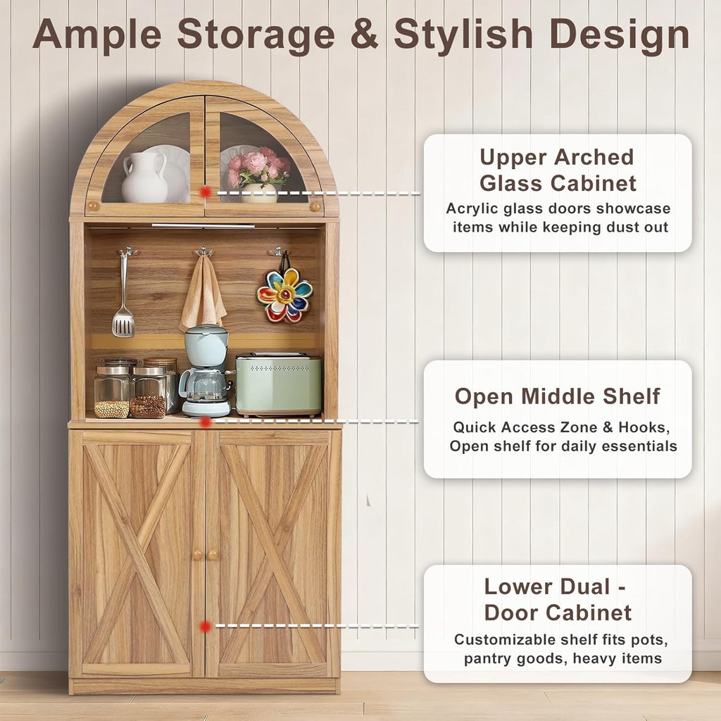 71' Farmhouse Arched Buffet Cupboard with Adjustable Shelves & Glass Door | Sturdy Engineered Wood, Acrylic Glass, Durable, Moisture-Resistant, Easy Assembly, for Dining Room, Bathroom, Living Room