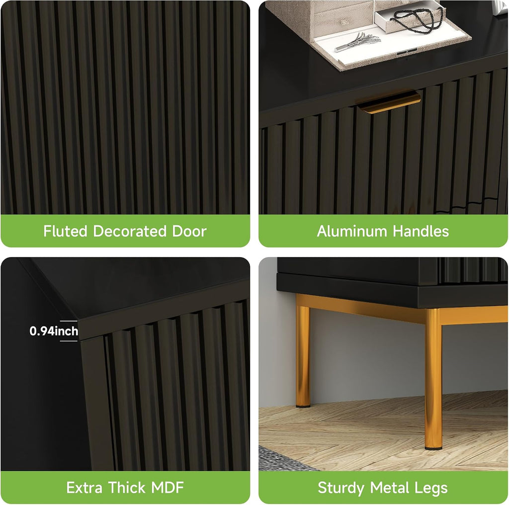 Real Relax Fluted Sideboard Cabinet, Modern Sideboard Buffet Cabinet with Storage, Coffee Bar Credenza Buffet Table with 2 Doors 3 Drawers for Kitchen, Living, Dining Room, Black
