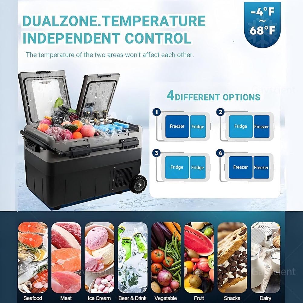 Dual-Zone Car Refrigerator Freezer, -4°F To 68°F Electric Cooler with Dual Temperature Control, 12/24V DC, Perfect for Camping, Road Trips, Etc.