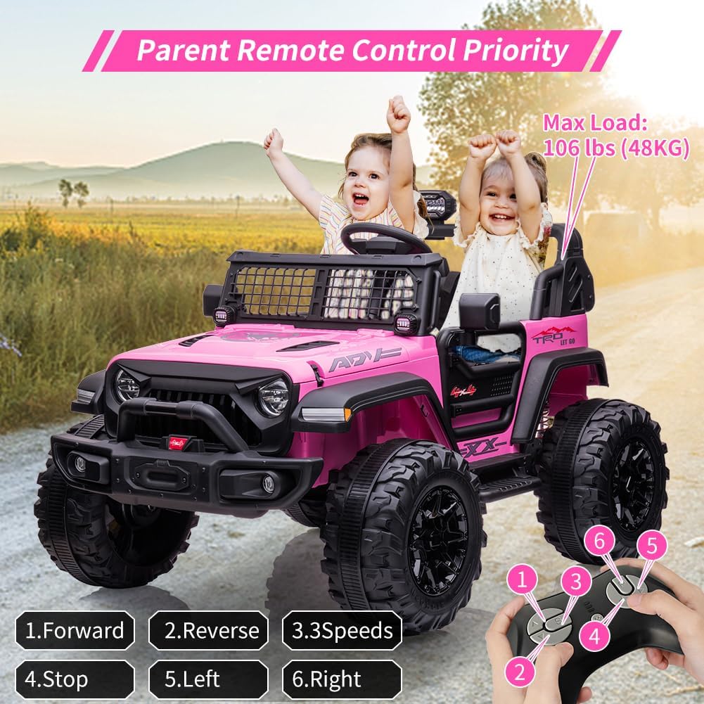 24V 2 Seaters Kids Ride On Truck with Remote Control, 20' Large Seat + 15.5' Large Wheels, Electric Vehicle Car with LED Light, Storage Space, Bottle Holder,Music, Horn,USB for 3-8 Years (Pink)