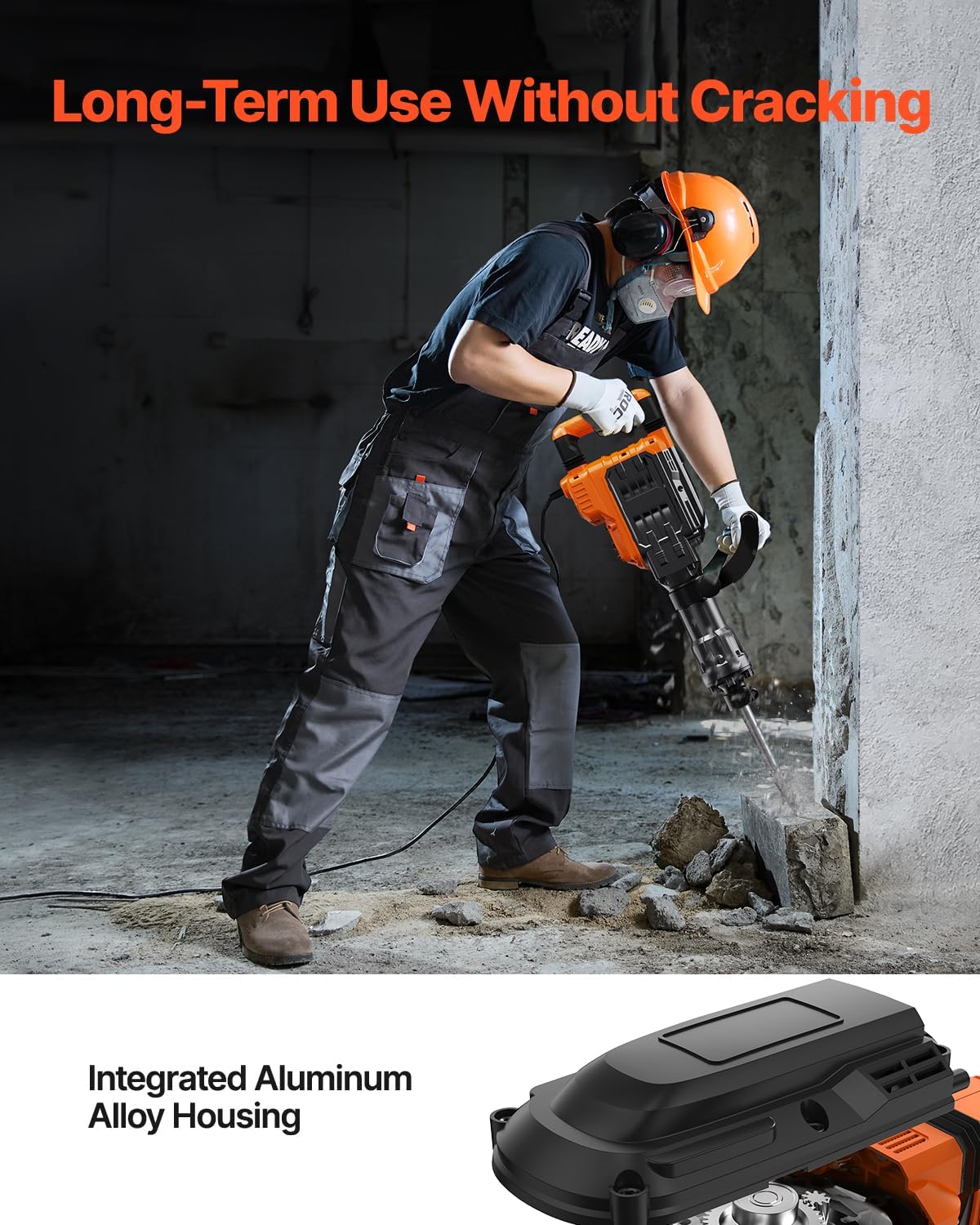 VEVOR 3500W Electric Demolition Hammer, 1900 BPM Durable Jack Hammer, Concrete Breaker with 2 Chisels, Gloves, and a 360° Rotatable Handle for Efficient Trenching, Black