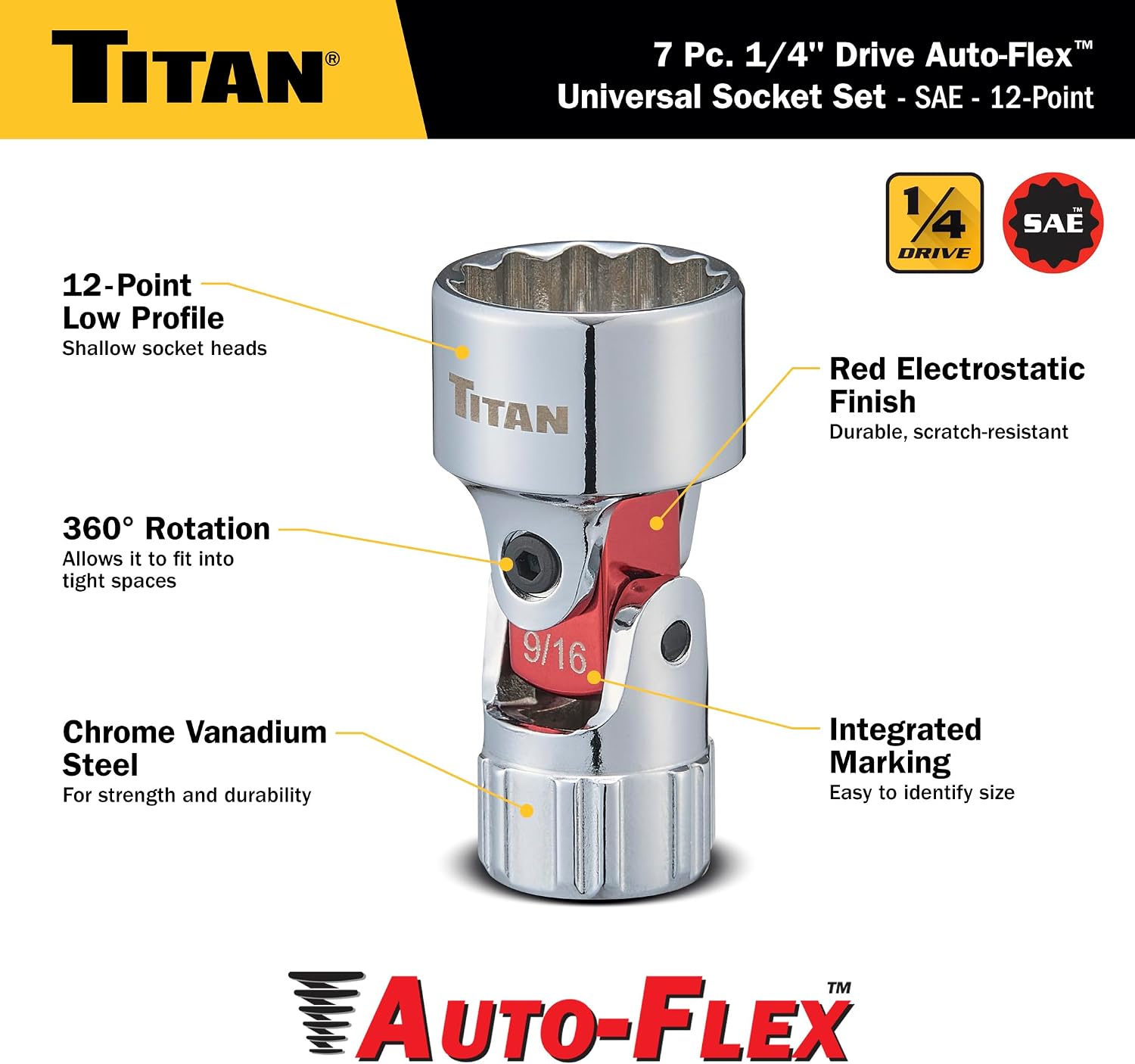 Titan 85499 23-Piece Auto-Flex Universal Joint, Socket, and Extension Set, Engineered to Spring Back to Center