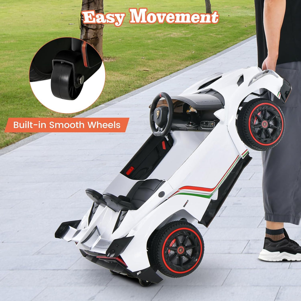 Costzon Ride on Car, Lamborghini Licensed 12V Battery Powered 4WD Sports Car with Remote Control, 3 Speeds, Hydraulic Doors, LED Lights, Towing Wheel, Horn, Music, Electric Vehicle for Kids Aged 3-8