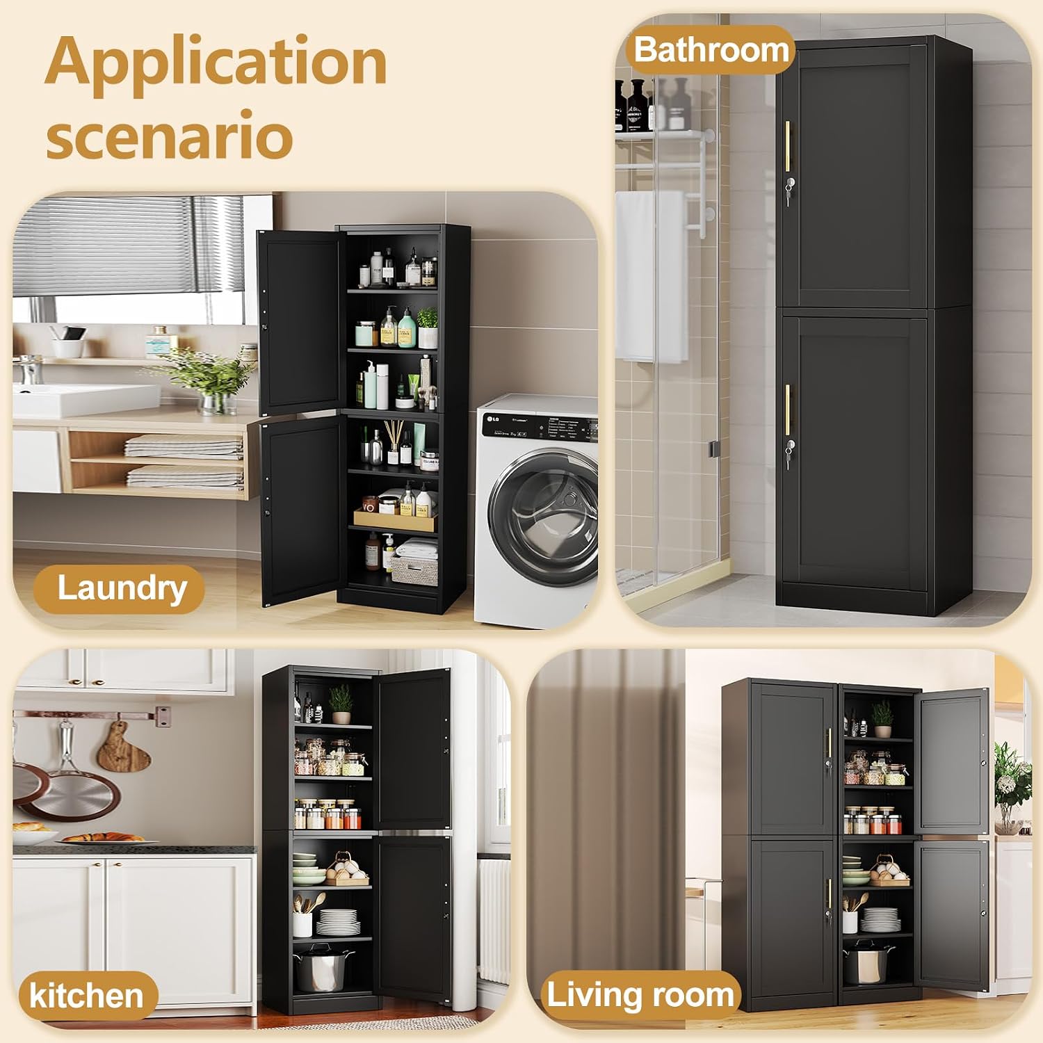 Tall Narrow Slim Metal Storage Cabinet with Lock 2 Doors and Shelves,Steel File Cabinets,Kitchen Pantry Cabinet Locker Organizer - 67' Locker Storage Cabinets for Bathroom,Bedroom,Office,Black