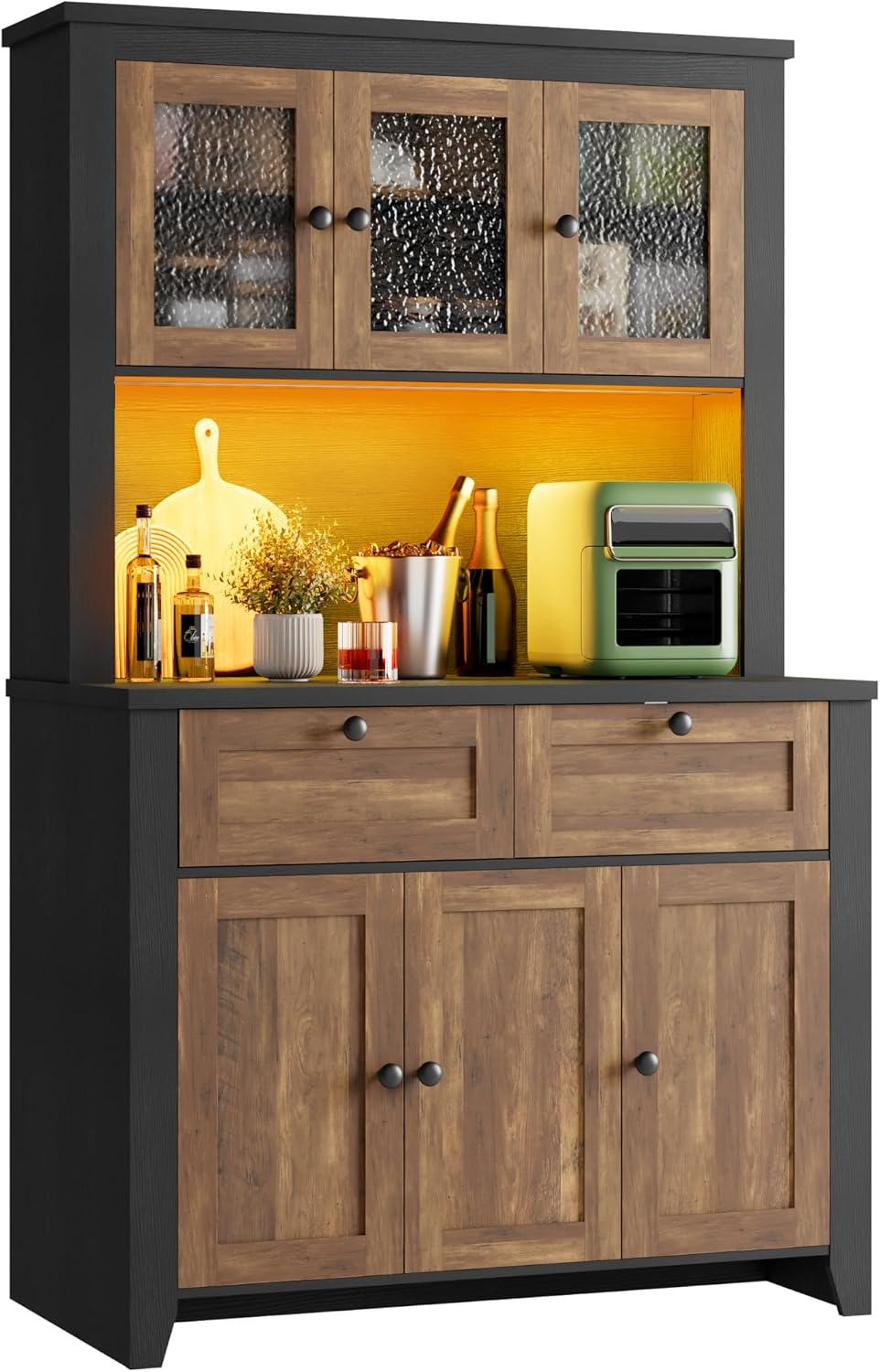 Pantry Cabinet with Charging Station, Farmhouse Kitchen Pantry Storage Cabinet with Countertop, Large Kitchen Hutch with Storage Drawers and Adjustable Shelves & Water Ripple Design for Dining Room,