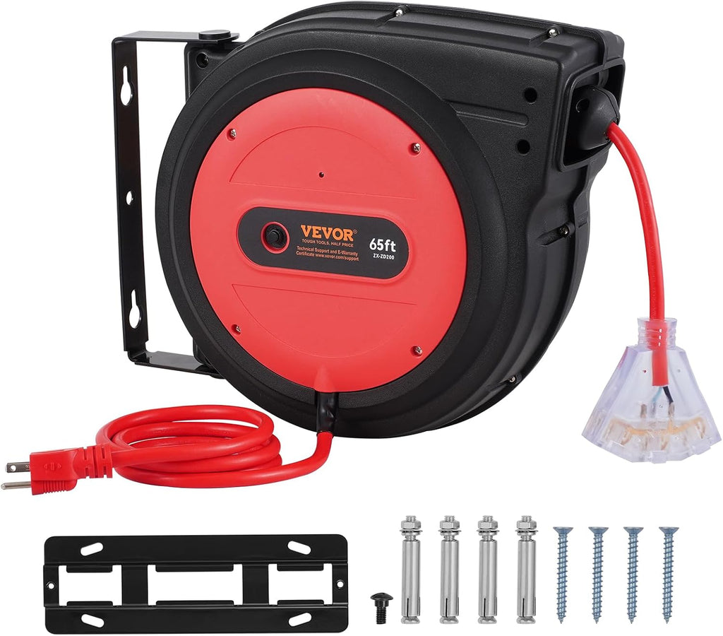 VEVOR Retractable Extension Cord Reel, 65 FT, Heavy Duty 12AWG/3C SJTOW Retractable Power Cord with Lighted Triple Tap Outlet, 15 Amp Circuit Breaker 180° Swivel Bracket for Ceiling or Wall Mount