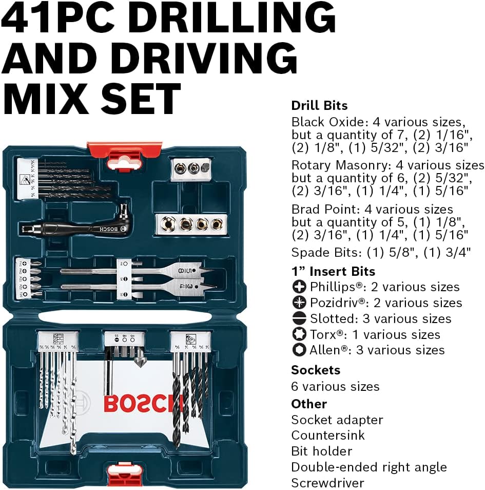 BOSCH CLPK22-120 12V Max Cordless 2-Tool 3/8 in. Drill/Driver and 1/4 in. Impact Driver Combo Kit with 2 Batteries, Charger and Case & Bosch MS4041 41-Piece Drill and Drive Bit Set