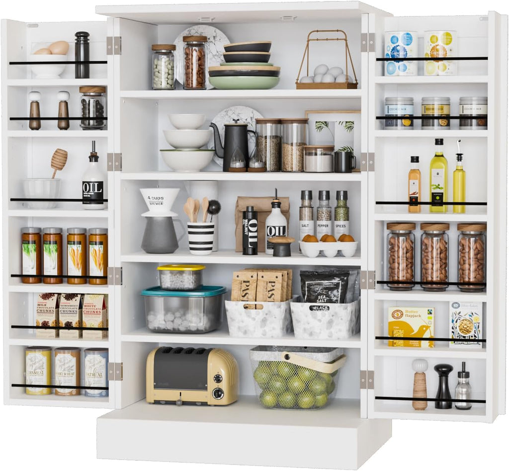 VINGLI Pantry Cabinet, White Kitchen Storage Cabinet with 2 Doors and Adjustable Shelves, 40.5' H Food Storage Freestanding Cupboard for Small Space in Dining Room, Living Room
