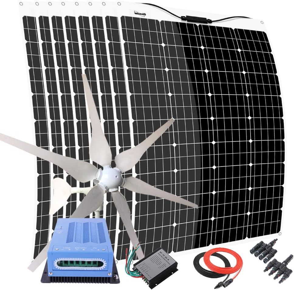 1360W 12V 24V Solar Panel Wind Turbine Kit: 400W WindTurbine Generator + 8pcs 120W Flexible Solar Panels + MPPT Charge Controller +Cables for Home Roof Off Grid System