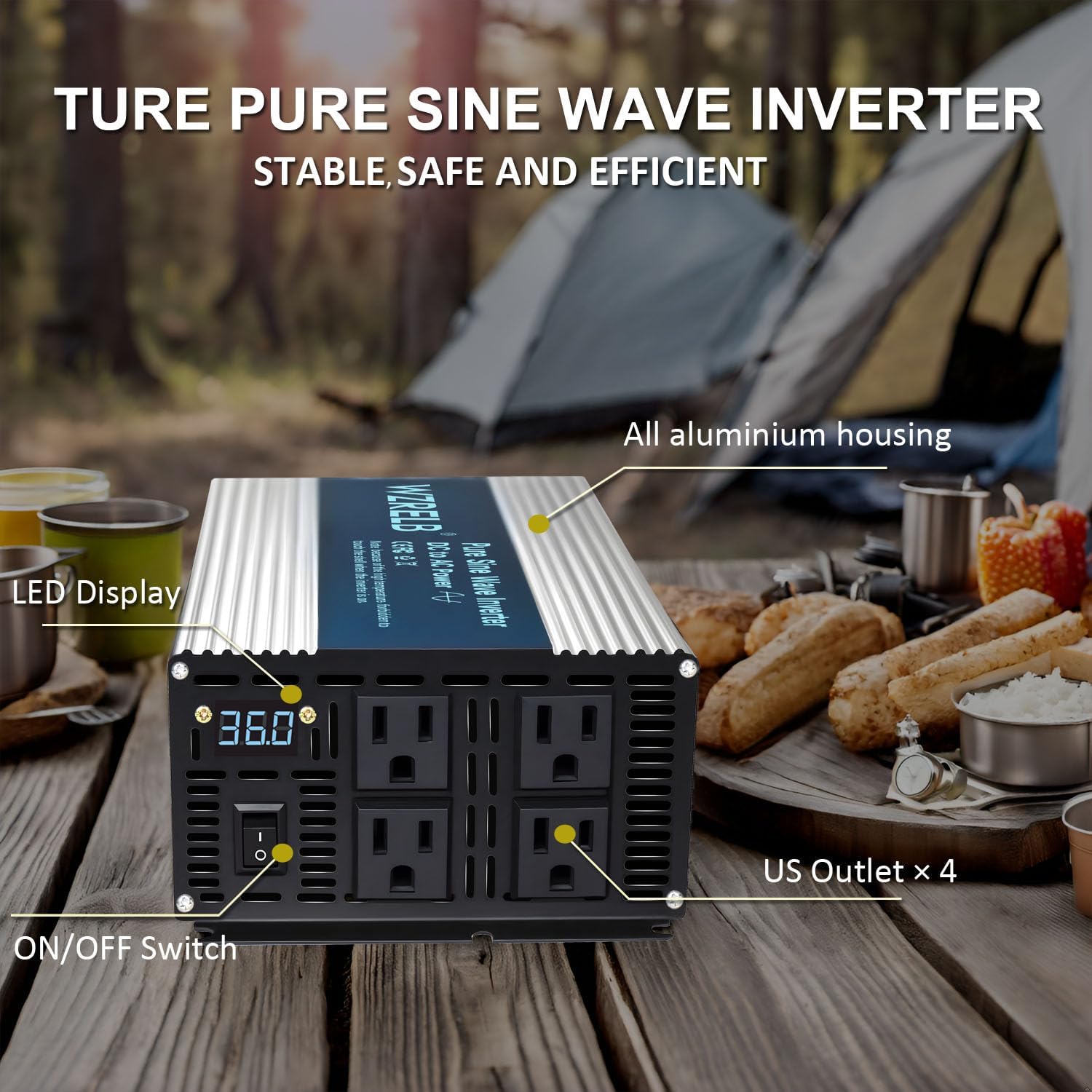 WZRELB 2000W Pure Sine Wave Inverter 36V DC to 110V 120V AC Power Converter with LED Display, Off-Grid Portable Power Inverter with 4 AC Outlets for Home, RV, Truck, Camping