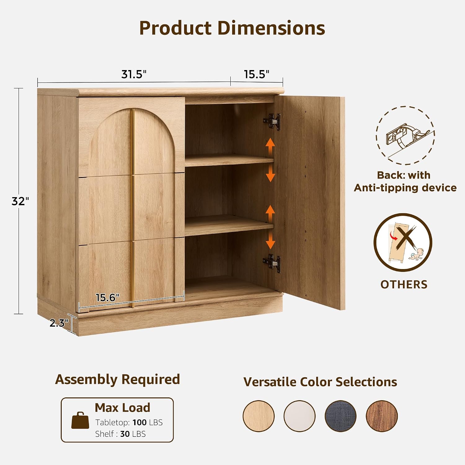ACCOHOHO Sideboard Buffet Cabinet with Storage & Arched Doors, 31.5 Inch Wood Accent Coffee Bar Tables with Adjustable Shelf, for Living Room, Kitchen, Entryway, Natural Oak