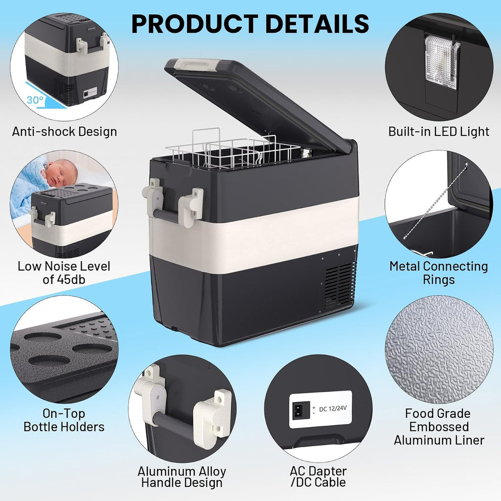 Car Fridge Portable 12 Volt Refrigerator With Basket 30/40/50L Electric Cooler Portable Freezer 12V/24V DC 110-240V AC for Truck RV Van Camper, Car Refrigerator Freezer for Camping Boat Travel 0~50°F