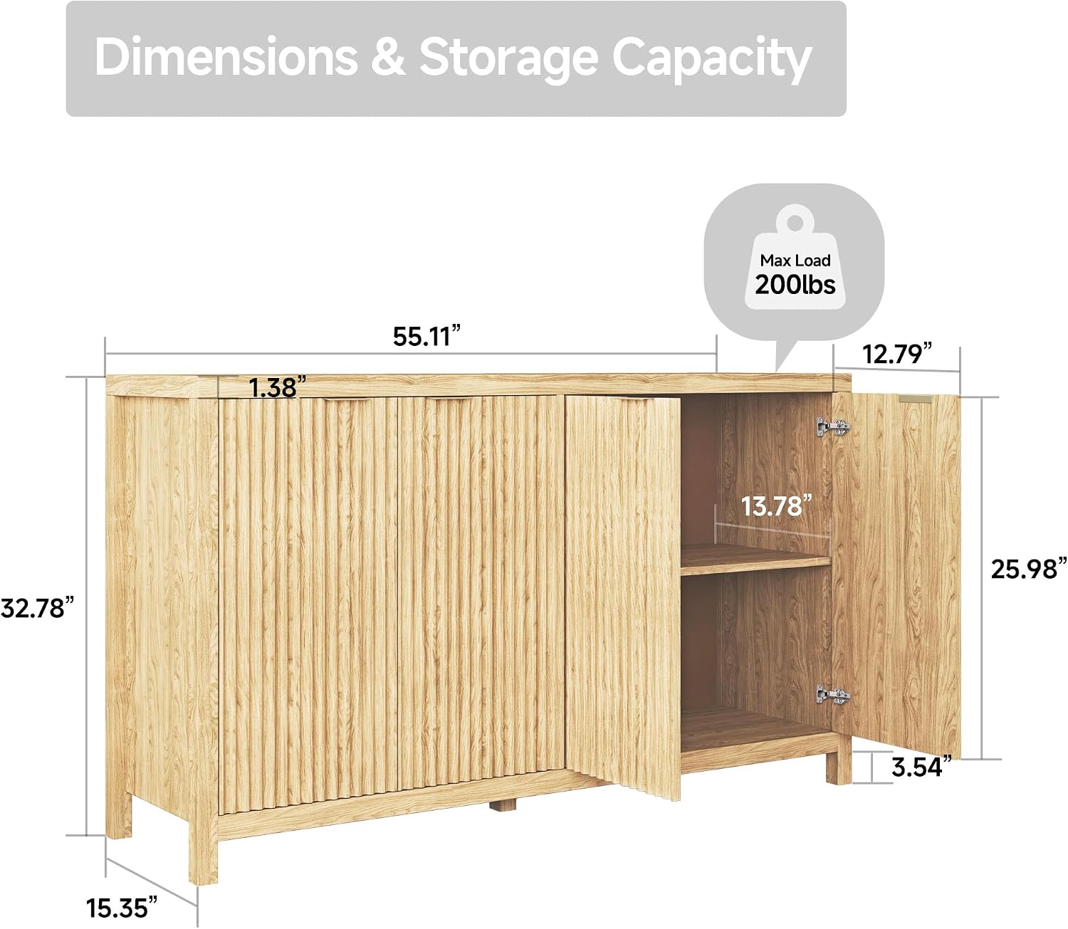 Real Relax Fluted Buffet Cabinet with Storage, Modern Sideboard with 4 Doors, 3 Adjustable Shelves, Large 55'' Kitchen Credenza Coffee Bar Cabinet, Console Cabinets for Living, Dinning Room, Natural