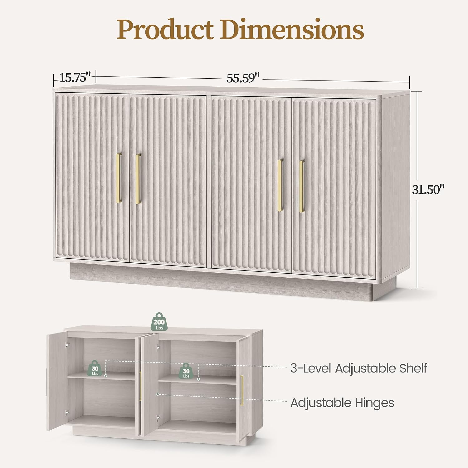 PAPROOS 55' Modern Fluted Sideboard Buffet Cabinet, Space-Saving Storage Credenza for Home Coffee Bar, 4-Door Accent Furniture with Adjustable Shelves for Clutter-Free Living (Beige Gray-1)