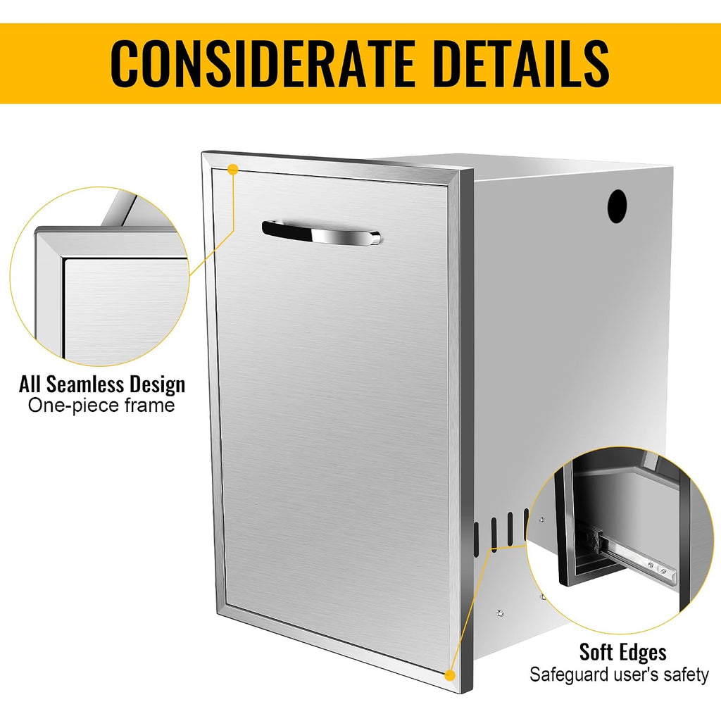 Pull-Out Single Trash Drawer 16''Wx22.3''Hx18''D, Built-in Trash Drawer, Outdoor Kitchen Stainless Steel Trash Bin for BBQ Island Grill Station