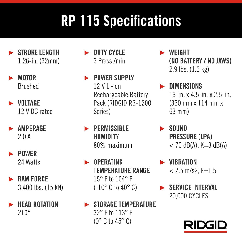 RIDGID 72553 Model RP 115 Mini Press Tool and Battery Kit with 1/2' to 3/4' ProPress Press Tool Jaws, 2V Li/Ion Battery, 12V Charger, and Carrying Case , Red