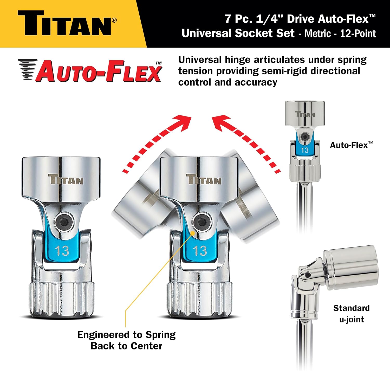 Titan 85499 23-Piece Auto-Flex Universal Joint, Socket, and Extension Set, Engineered to Spring Back to Center